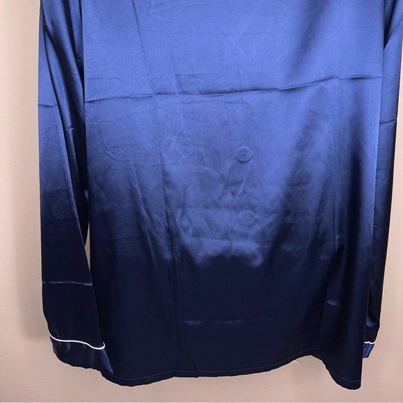 Medium Blue Satin Button Front Pajama Top Long Sleeve Glam - Picture 3 of 11